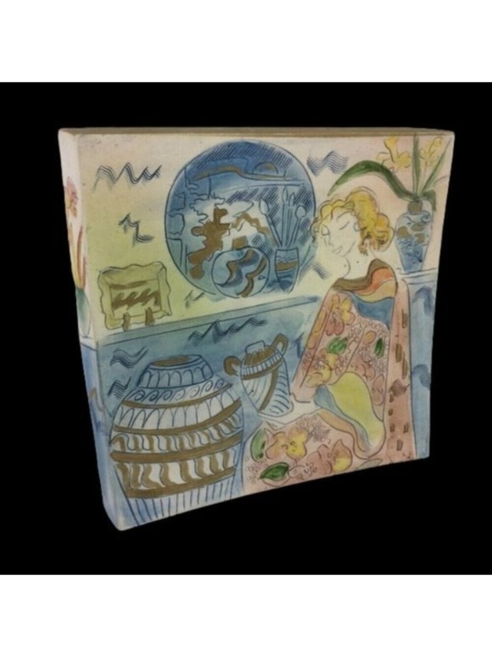 Painted Ceramic Wall Art Signed Woman with Flowing Floral Robe Gown and Pottery